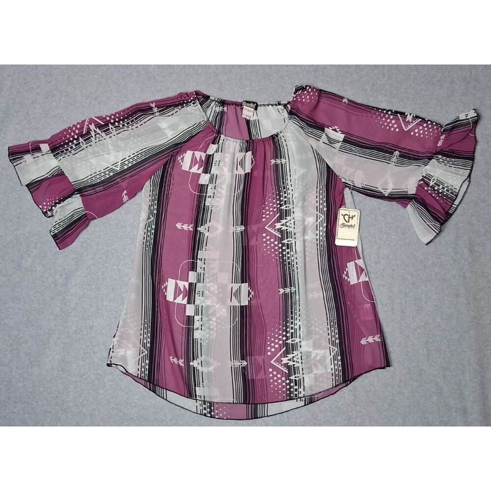 NWT! Cowgirl Hardware Aztec Grande Bell Sleeve Blouse Large Berry Western Rodeo
